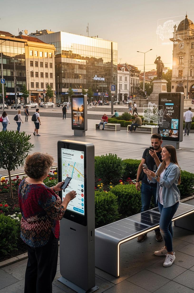 Panoramă a unui cartier urban modern cu tehnologii smart integrate pentru îmbunătățirea calității vieții locuitorilor.