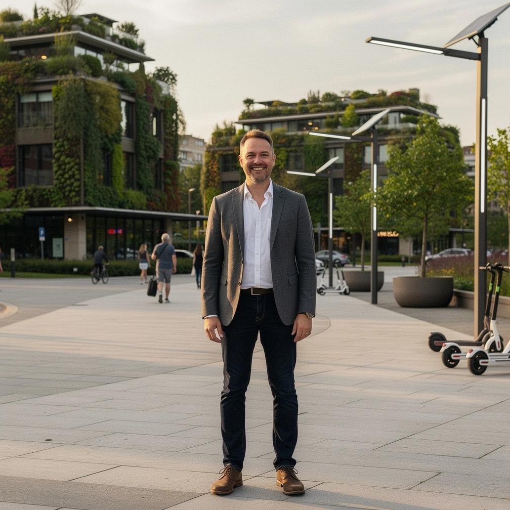 Panoramă a unui cartier rezidențial modern cu tehnologii smart integrate pentru un trai mai eficient.